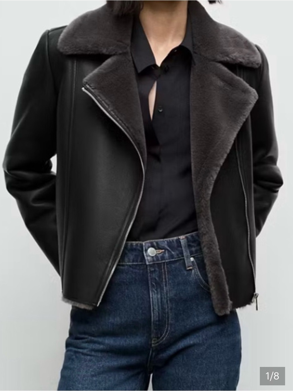 Mango Black Leather Moto Jacket with Gray Shearling Collar